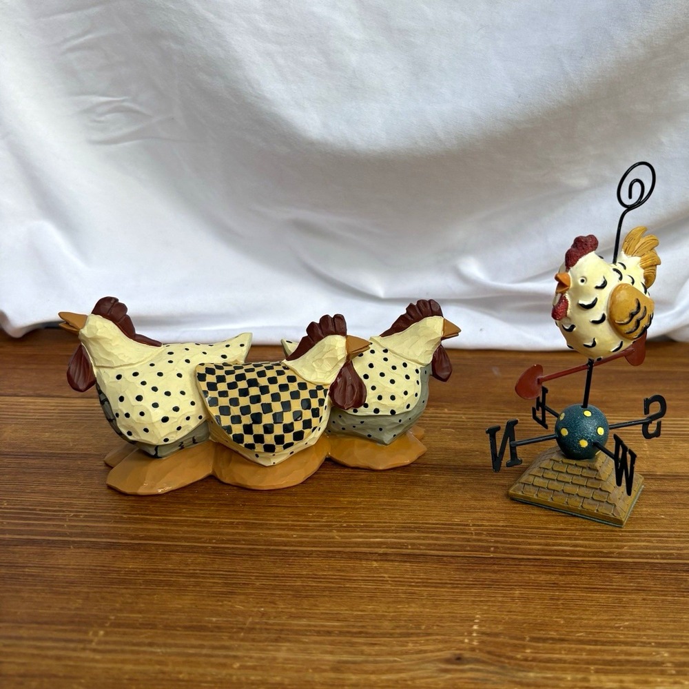 Chicken Rooster Figurine Decor Set 2pc Farmhouse Country Kitchen Weather Vane